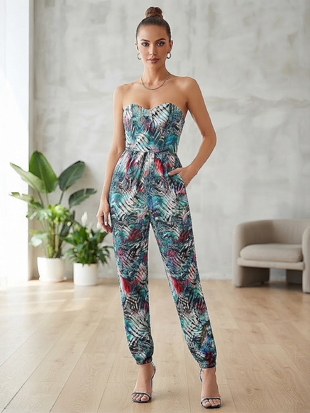 Strapless Tropical Print Jumpsuit - Teal Multi